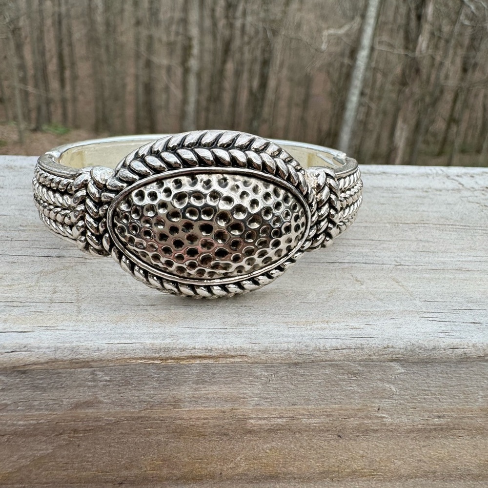 The Loft Bracelet, Silver Tone, Hammered & Braided Chain, C Clasp Open & Close